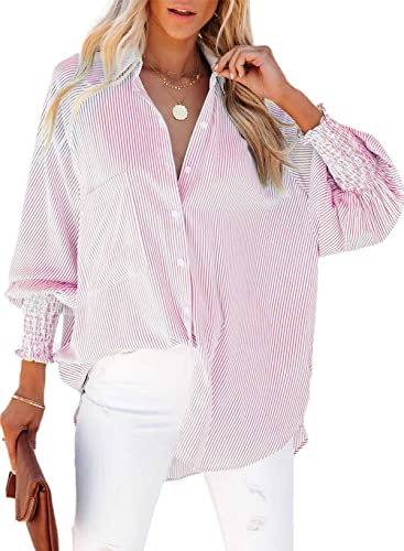 Womens Smocked Cuffed Striped Boyfriend Shirt Casual Collar Long Sleeve Oversized Button Down Blouse Tops with Pocket Shirred Pink