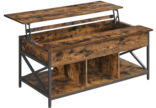 VASAGLE Coffee Table, Living Room Table with Lift Up Top, with Open Storage and Hidden Compartment, X-Shaped Bars, 60 x 120 x (48-62) cm, Rustic Brown and Black LCT215K01