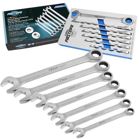 FIRSTINFO F3432A Taiwan Metric Spline Box End Ratcheting Combination Wrench Set, Spanners with Anti-Slip V-Groove Open End | 7-piece | 72T | Lightweight | Mechanics Tray