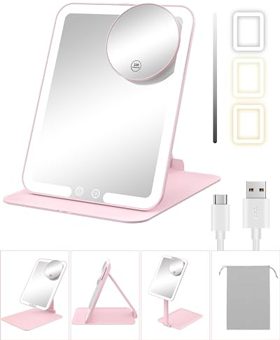 Gospire Miroir de maquillage de voyage avec lumières et grossissement x10, miroir de table compact portable avec support réglable, 3 lumières colorées, miroir de courtoisie lumineux LED rechargeable