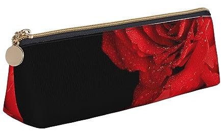 Red Rose Triangle Leather Pencil Case for Girls Boys, Pen Pouch & Makeup Bag for Student School Office College