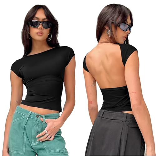 flintronic Women Sexy Backless Top, Cropped Tank Tops, Y2k Basic Sleeveless Top, Round Neck Strap Vest, Slim Fit Camisole, New Summer Crop Tops for Ladies-Black M