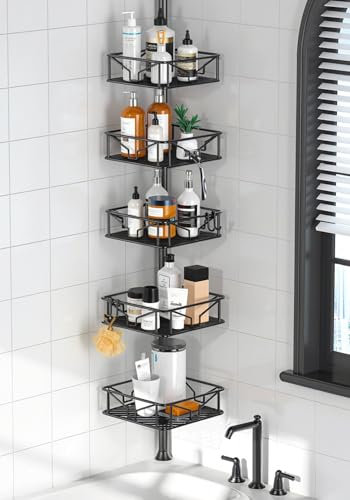 Skycarper 5 Tier Adjustable Corner Shower Caddy Organizer with Hooks,Rustproof Tension Pole 62-116 Inch, Black