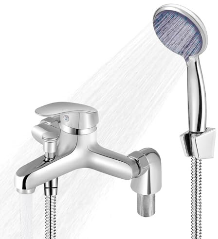Bathroom Sink Taps with Shower Head, Modern Bath Mixer Taps with Shower Kit, Bath Taps with Shower Attachment, Bath Filler Spout,Solid Brass Body, Compression Valves