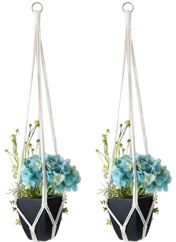Nogeqi 2 Stück Blumenampel Hängend Innen, Blumentopf Hängend Außen, Makramee Blumenampel, Hängeampel Innen Hängetopf für Pflanzen Baumwollseil mit 2 Pcs Metallhaken für Decken Balkone