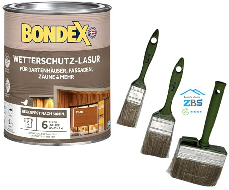 zbs24 Bondex Wetterschutz Lasur für alle Holzoberflächen, UV-Schutz und Wetterschutz bis zu 6 Jahre, wasserbasiert, tropfgehemmt, inkl. 3-teiligem Pinselset (teak, 0,75 Liters)