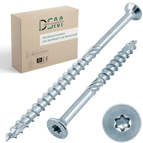 DSM – Tornillos para madera 8 x 200 mm – Tornillo de cabeza avellanada galvanizado, TX40 – Tornillos para aglomerado con filo ondulado – con vástago de fricción, nervaduras de fresado y punta de