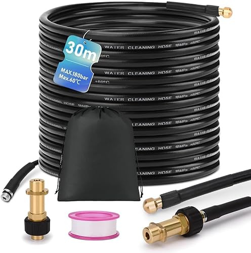 Rörrengöringsslang set 30 m, 180 bar, kompatibel med K2 K3 K4 K5 K6 K7 högtryckstvätt, med ficka och M22-adapter, universal högtryckstvätt rörrengöringsset, riktade högtrycksstrålar
