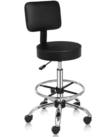 Bonnlo Taburete con Ruedas Ajustable en Altura 60-72cm con Respaldo Desmontable, Taburete de Trabajo Giratorio 360°, Soporta hasta 136 kg. Taburete de Oficina para Oficina/Salón/Bar, Color Negro
