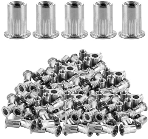 LOLYSIC 150 dadi per rivetti ciechi M8 filettati in acciaio inox, dadi filettati a testa piatta, fissaggio dadi rivettati utilizzati per metallo, acciaio, fibra di vetro, plastica