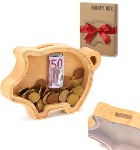 Huchas Originales para Adultos | Hucha Infantil de Madera | Hucha Cerdito Transparente | Regalo Amigo Invisible | Regalo Divertido para Ahorro