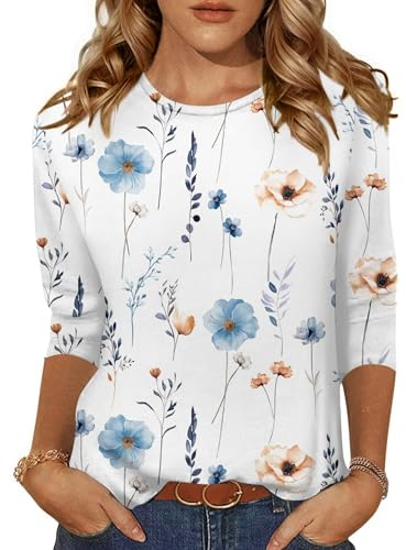 Zeagoo Tops for Women 3/4 Sleeve T Shirts Summer Crew Neck Blouses Floral M