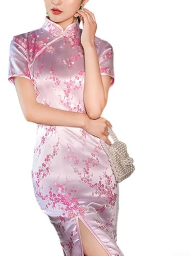 Women's Elegant Chinese Style Qipao Dress, Long Traditional Cheongsam with Plum Blossom Print for Spring Summer Parties and Celebrations, Red(2XL Pink)