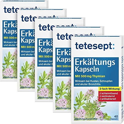 tetesept Erkältungs Kapseln – Wirksam bei Husten, Schnupfen und akuter Bronchitis - pflanzliches Arzneimittel mit Thymian, 5 x 40 Stück
