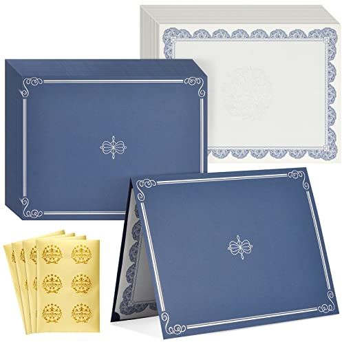 Sustainable Greetings Certificate Holder Kit - Navy Blue, 300GSM Certificate Cardstock, 24 Holders, 24 Papers & 24 Seals - Diploma Cover for Employee Appreciation Gifts