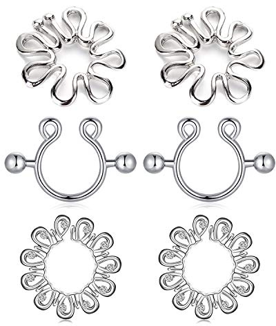 FECTAS Juego de anillos de pezón falso de acero inoxidable Flor no perforada Anillos de pezón ajustables Clip de piercing Joyería