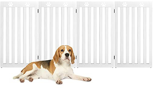 GOPLUS Barrera de protección para perros plegable, rejilla de seguridad giratoria, con bisagra de 360° Barrera de seguridad para animales domésticos de altura de 60/91 cm (203 x 91 cm), color blanco