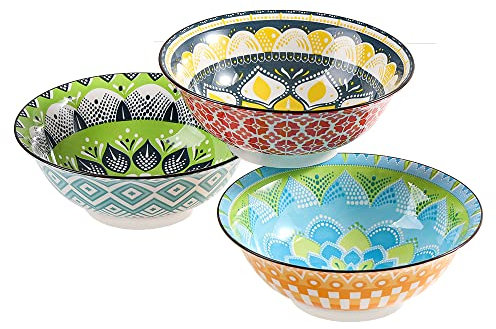 Ramen Schüssel Keramik Schale Set - 3er Ramen Bowl Set - Pho Schüssel - Suppenschüssel Suppenschalen 1050 ml - Porzellan Schüsseln 21 cm - Bunte Schalen Set für Salat | Suppe | Müsli | Nudeln | Pasta