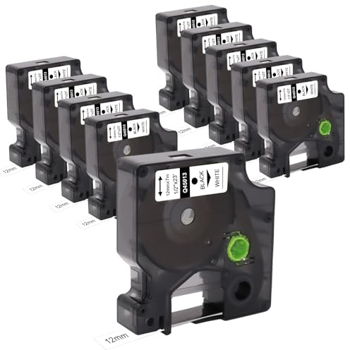 Lot de 10 bandes de rechange pour étiquettes compatibles Dymo D1 45013 S0720530 (12 mm x 7 m) - Ruban adhésif noir sur ruban blanc avec Dymo Label Manager 160 200 210D 280 360D 420P 450D | Rubans Blancs à Texte Noir pour Dymo LabelManager 160 200 210D 280 360D 420P 450D Étiquetage Maison Bureau
