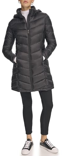 Calvin Klein Damen Langärmeliger Puffermantel mit Kapuze und Reißverschluss Vorne Daunenmantel, Leichtes Schwarz, L