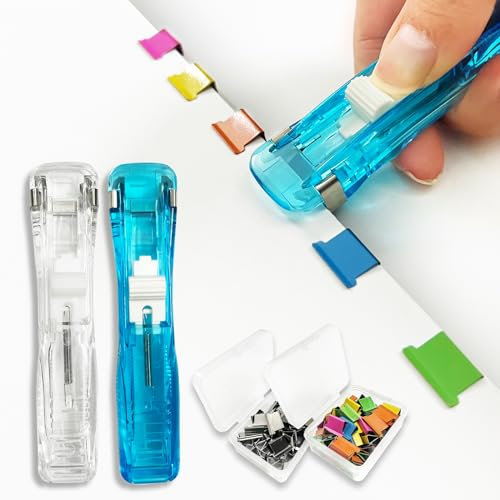 SHFYFHS 2 Stück Klammernspender Paper Clam Clip Dispenser, Transparent Klammernspender, mit 100 Pcs Heftklammern, für Büro,Schulen,Schulbedarf,Binden von Büchern,Organisieren von Berichten. Blau,Weiß