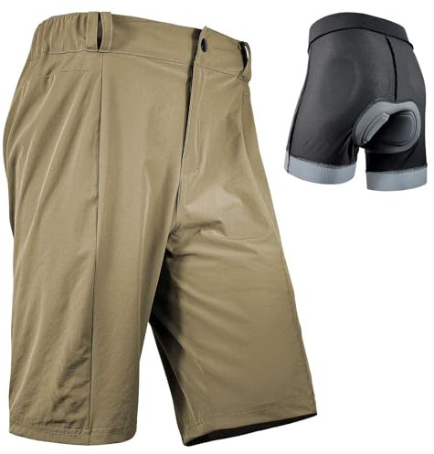 Wulibike Radhose Herren MTB Hose Kurz Fahrradhose Gepolstert 2 in 1 Mountainbike Shorts für Männer mit Polsterung Fahrrad Radfahrhose Reißverschlusstaschen Khaki L