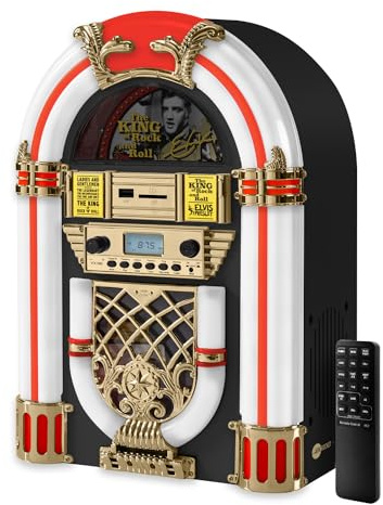 Arkrocket Athena Mini Jukebox/Altoparlante Bluetooth/Radio/USB e lettore di schede SD con sistema di illuminazione a LED retrò (nero)