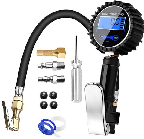 YUEMING Manometro Presion Neumaticos, Manómetro Presión Digital 200 PSI Compresor Manómetro Inflador con Pantalla Digital LCD y Multi Accesorios para Coche Moto Bicicleta y Camión