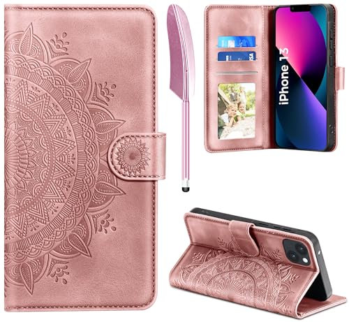 EASDNB Lederhülle für iPhone 13, Flip Wallet PU Leder Case [Kartenfach] [Magnet] [Ständer] Prägung Klapphülle Schutzhülle für iPhone 13, Rosa