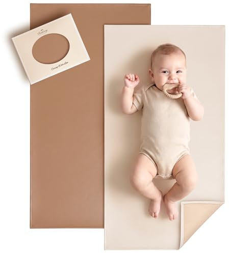 Konssy Faux Leather Baby Changing Mat, Waterproof, Wipeable & Portable Diaper Changing Pad for Travel or Home, Fits Perfectly in Diaper Bag, 30 x 17 inches (Brown,Beige)