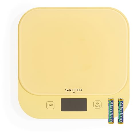 Salter British Bakes Balanza de Cocina Digital – Alta Capacidad de 10 kg, Mide Líquidos, Impermeable, Función Tare, Plataforma de Vidrio, Precisión de 1g, Pantalla Retroiluminada, Amarillo