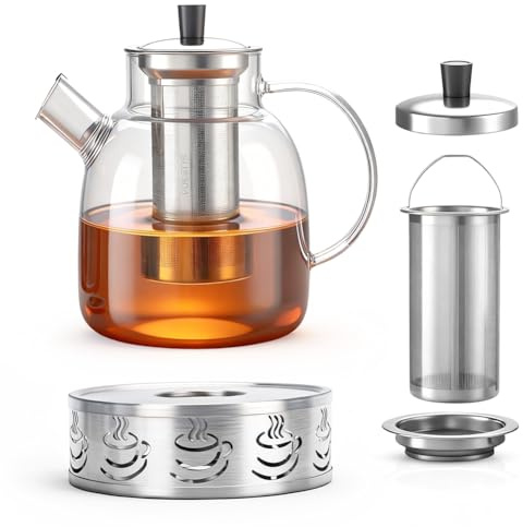 Tutamaz Tekanna glas med värmare, 1,8 l tekanna med värmeljus, tekanna med sil, tekanna glas med värmeljusvärmare och rostfritt stål tevärmare för svart, grönt te, fruktte, löst te