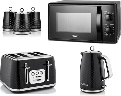 Swan Elegance Black 1.7L Kettle, 4 Slice Toaster, Canisters & 20L 700W Microwave SM4420BLK. Contemporary Matching Kitchen Set of 6 - Premium Textured Black Finish