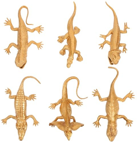 Mikikit 6 pezzi Modelli Animali Plastica Piccoli in Oro Mini Decorazioni per Giardino e Scrivania Figure Realistiche di Lucertole e Rettili Design Cartone Animato per Ambienti Freschi e