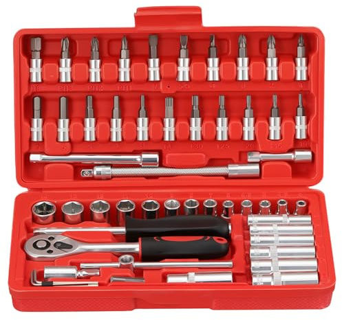 WiMas 53PCS Steckschlüsselsatz CR-V Steckschlüsselsatz mit Bits, 1/4 Ratschenschlüssel für Professionelle Reparaturen an Fahrrädern und Autos (Roter Koffer)