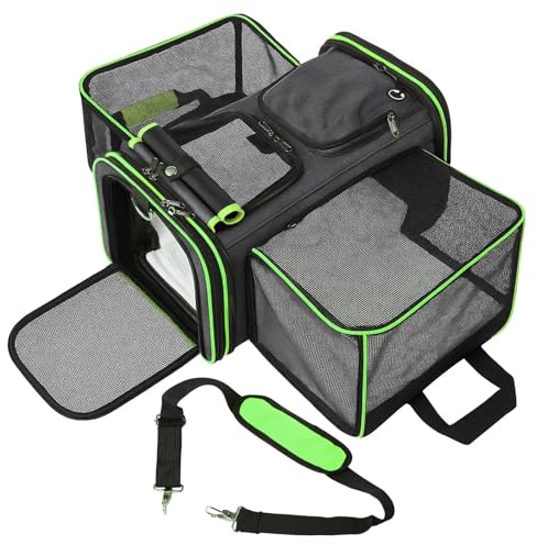Soft Sided Portable Cat Carrier with Extendable Space & Fleece Bed Foldable Pet Carrier for Cats/Small Dog/Bunnies With Adjustable Shoulder Strap & Removable Mat (Green)