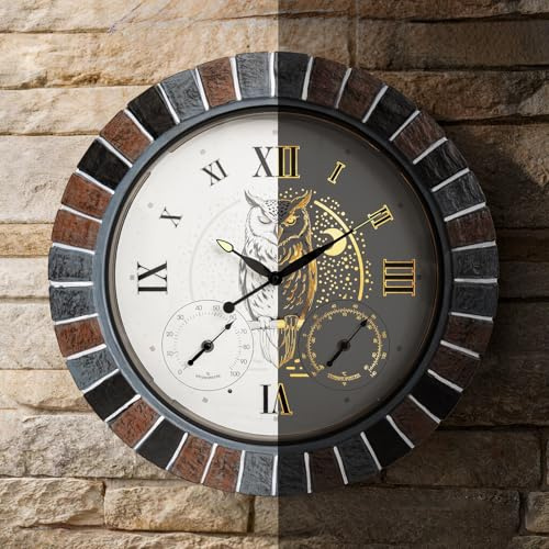 Horloge murale exterieure etanche 45 cm avec thermomètre et hygromètre, illuminée avec lumière nocturne intelligente, grande horloge silencieuse à piles pour jardin, patio, piscine et véranda