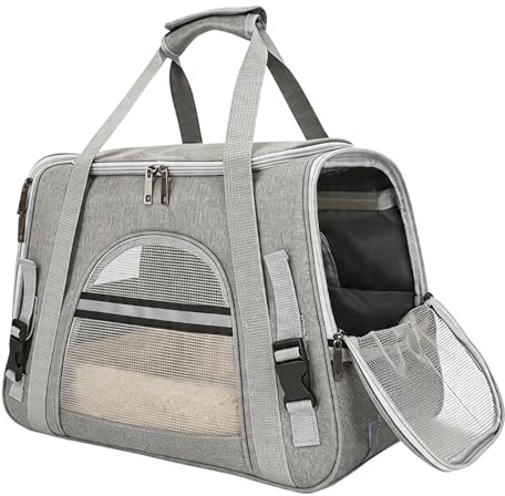 Transportväska för katt, 44x25x30cm Transportbox för katter Vikbar, Transportväska för katt hund, bärbar kattväska med axelrem för andningsbar för medelstora små husdjur (Grå)