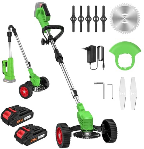 Decespugliatore a Batteria, 21V Tagliaerba Elettrico con 2 Batteria e 3 Tipi di Lama, Ruote Rimovibili, Maniglia Telescopica, Pieghevole Tagliabordi a Batteria, Decespugliatori da Prato e Giardino
