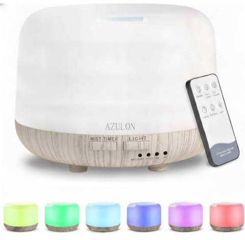 AZULON Essential Oil Diffuser 300ml, Aromatherapy Humidifier with Remote, 7 Colour LED Lights, Cool Mist & Auto Shut-Off, Oil Diffuser for Home & Bedroom, White Wood Grain
