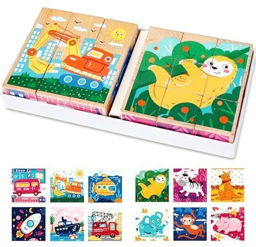 DBPBToU Würfelpuzzle Holzpuzzle Bildwürfel für 2 3 4 Jahren, 2 Stück 6 in 1 Montessori Holzpuzzle, Montessori Holzspielzeug Lernspiele für Baby Junge Mädchen (Tiere+Verkehr)