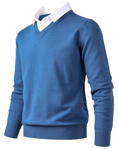Herothorn Jersey de Punto para Hombre Jersey de Moda Suave al Tacto con Cuello en V y Camisa de Cuadros o Cuello Blanco.