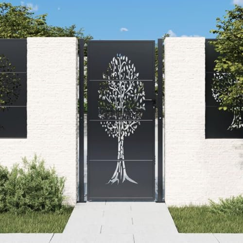 Homgoday Garden Gate, Metal Gate, Garden Gate, Fence Door, Entrance Gate, Yard Gate, Single Gate, Double Gate, Garden Fence, Anthracite, 105 x 180 cm, Steel Tree Design