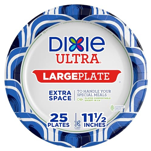 Dixie Ultra, Large Paper Plates, 11 Inch, 25 Count, 3X Stronger*, Heavy Duty, Microwave-Safe, Soak-Proof, Cut Resistant, Great for Heavy, Messy Meals