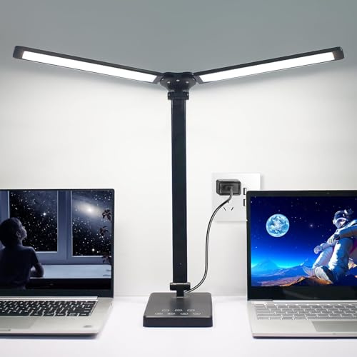 Semlos Dual Arm LED Desk Lamp with Night Light Mode, Power Adapter, USB Charging Port, Auto Off Timer, Touch Control Desk Light for Study, Work and Sleep, Black Table Lamp