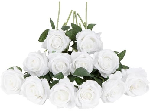 12 Pcs Fleurs de Roses Artificielles Blanche, Longues Tiges Fausse Roses en Soie pour Bouquet de Mariée Douche Nuptiale Décorations de Jardin à la Maison (Blanche-G)