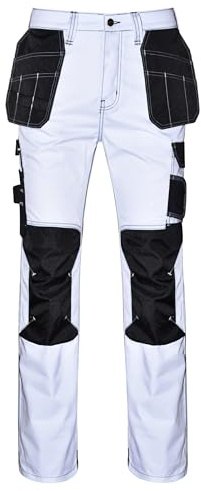 STRUD FIT White Work Trousers Men Durable Fabric, Holster, Knee Pad & Mobile Pockets Painters Decorators Cargo Pants Work Utility & Safety Trouser (UK, Waist & Inseam, 38, 32, White 1)