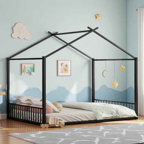 PerGar Golvsäng 140 x 200 cm, barnsäng, ungdomssäng, hussäng, Montessori barnsäng, järnramsäng, kan belastas upp till 150 kg, metallsäng, sängram, utan madrass (svart)
