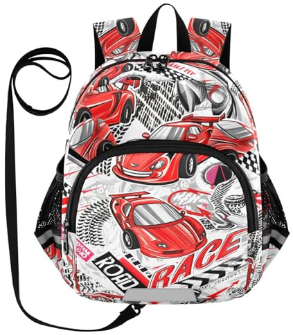 Racing Car Road White Toddler Harness Backpack for Boys Girls 3-6 Years Kids Backpack with Anti Lost Safety Leash Baby Harness Bookbag for Walking Preschool Travel