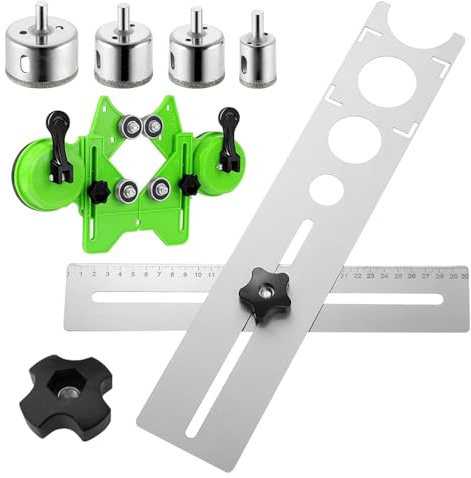 Juego de Localizador de Perforadoras para Azulejos de Vidrio, Abrazadera Guía de Sierra Perforadora Ajustable + Regla de Medición de Ángulos para Azulejos, con 4 Brocas (Plata + Verde)
